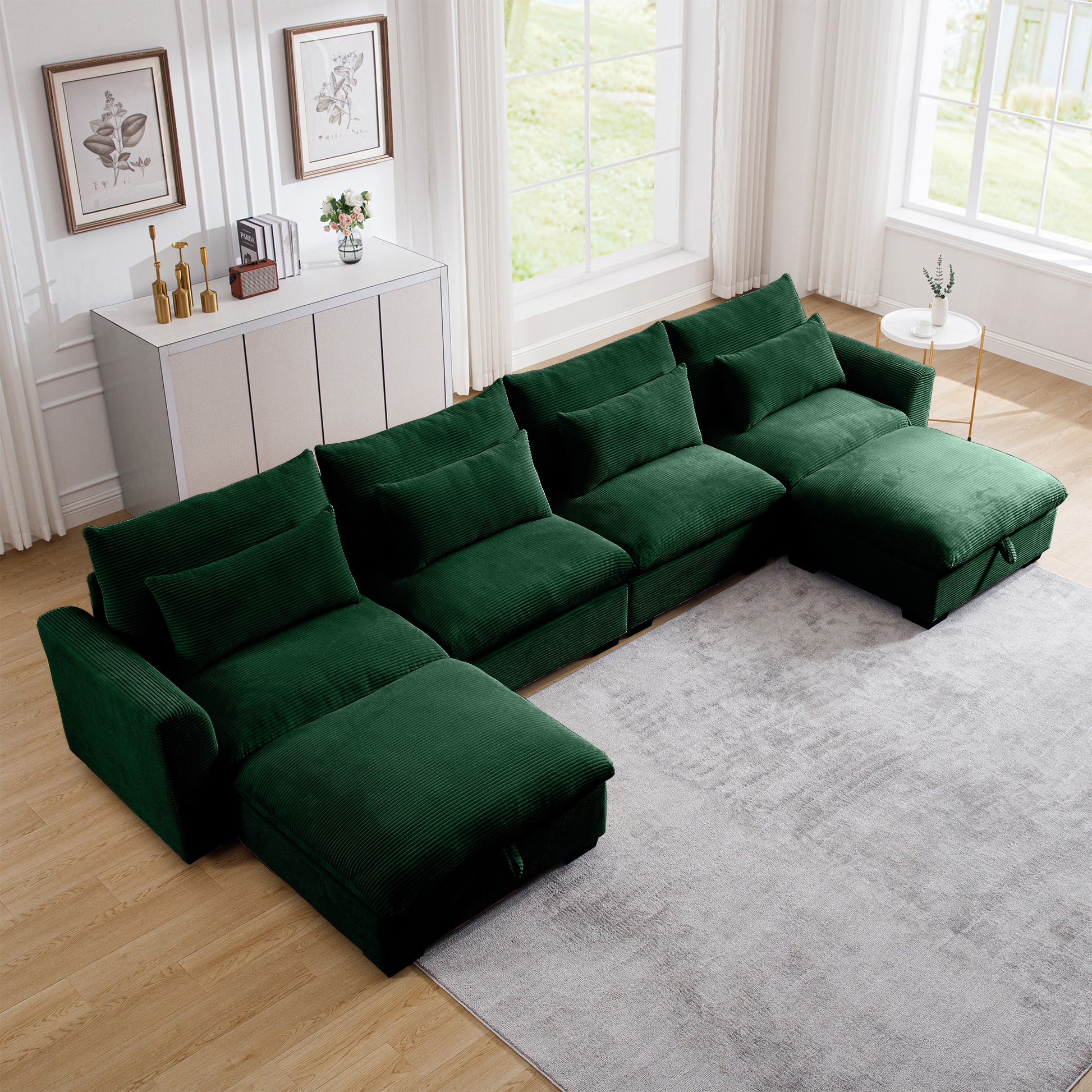 Big Deep Seat U Shaped Corduroy Sectional Couches For Living Room, 4 Seater Sofa Couch With 2 Storage Footstool And 4 Waist Pillows Corduroy, Green Green Corduroy 4 Seat