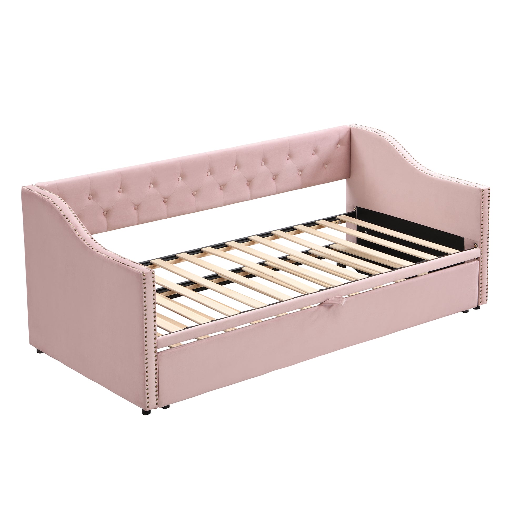 Twin Size Upholstered Daybed With Pop Up Trundle, Pink Twin Pink Upholstered