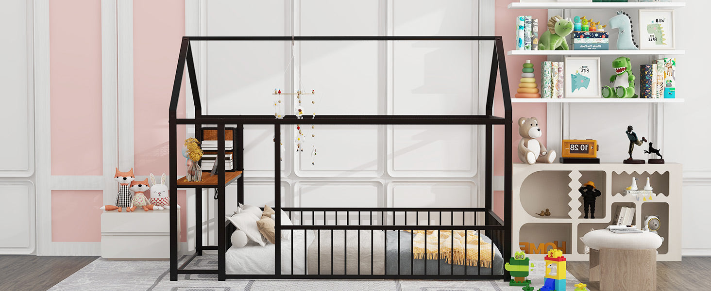 Full Size Metal Bed House Bed Frame With Desk, Shelves, Power Outlets And Usb Ports, Black Full Black Metal