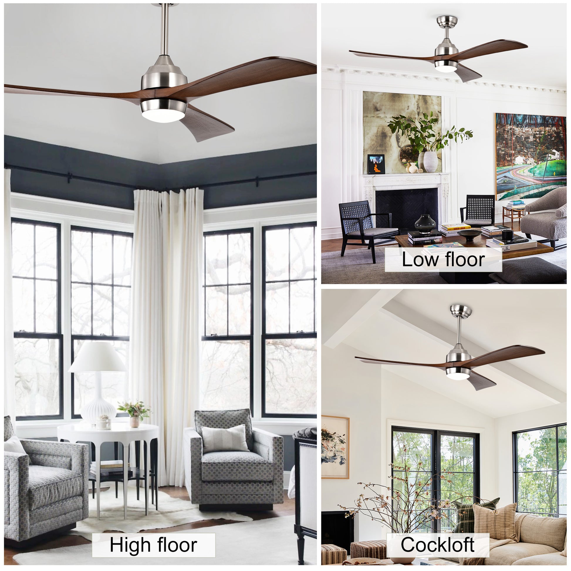 52" Ceiling Fan With Lights Remote Control,Quiet Dc Motor 3 Wood Blade Ceiling Fans 6 Speed Levels,Reversible Ceiling Fan, For Patio Living Room, Bedroom, Office,Indoor. Stain Nickel Walnut Nickel Contemporary,Farmhouse,Industrial Wood Iron