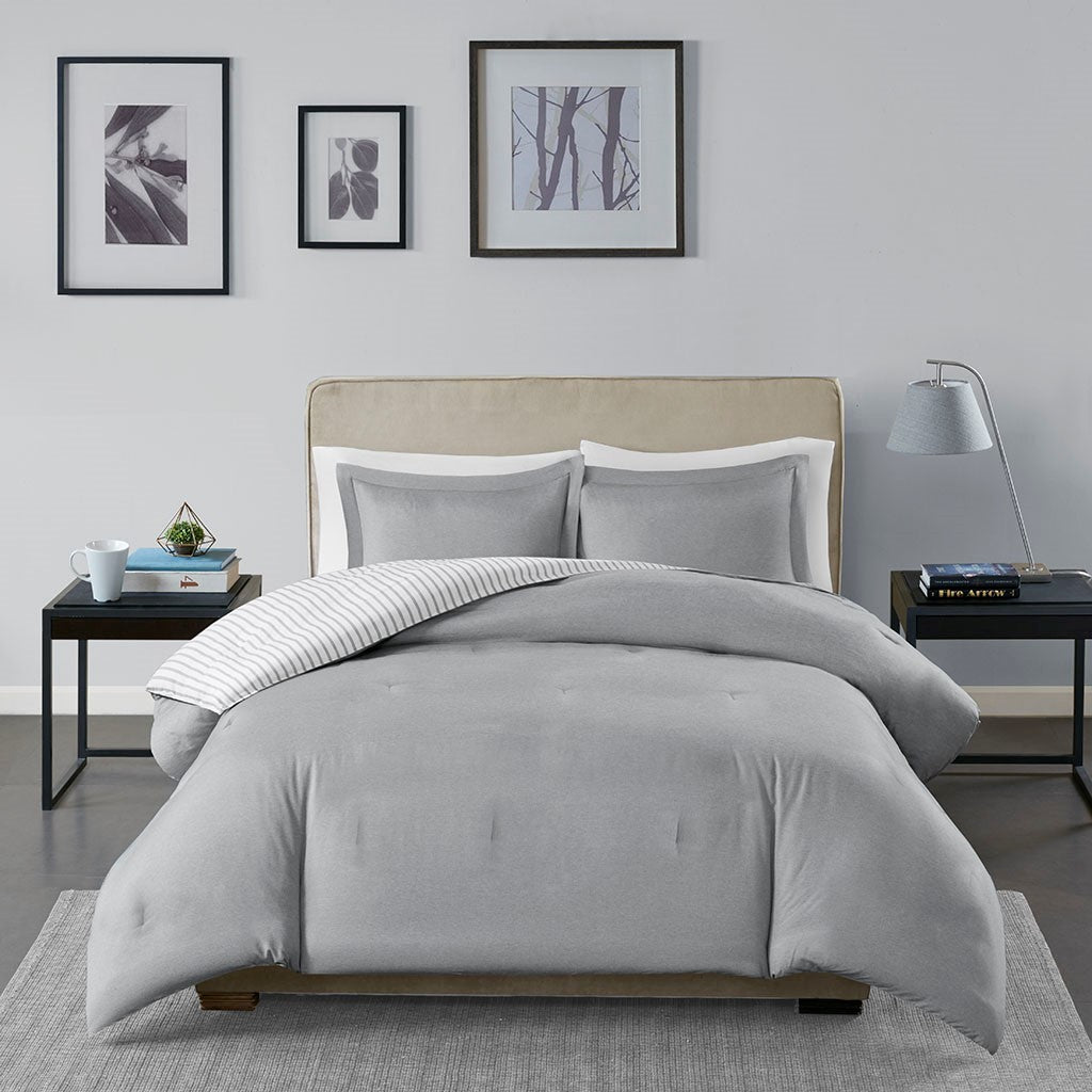 Reversible Yarn Dyed Stripe Down Alternative Comforter Set Queen White Gray Microfiber