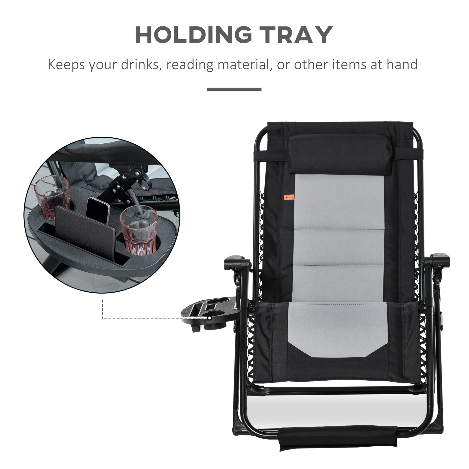 Outsunny Foldable Outdoor Lounge Chair With Footrest, Oversized Padded Zero Gravity Lounge Chair With Headrest, Side Tray, Cup Holders, Armrests For Camping, Lawn, Garden, Black Black Steel