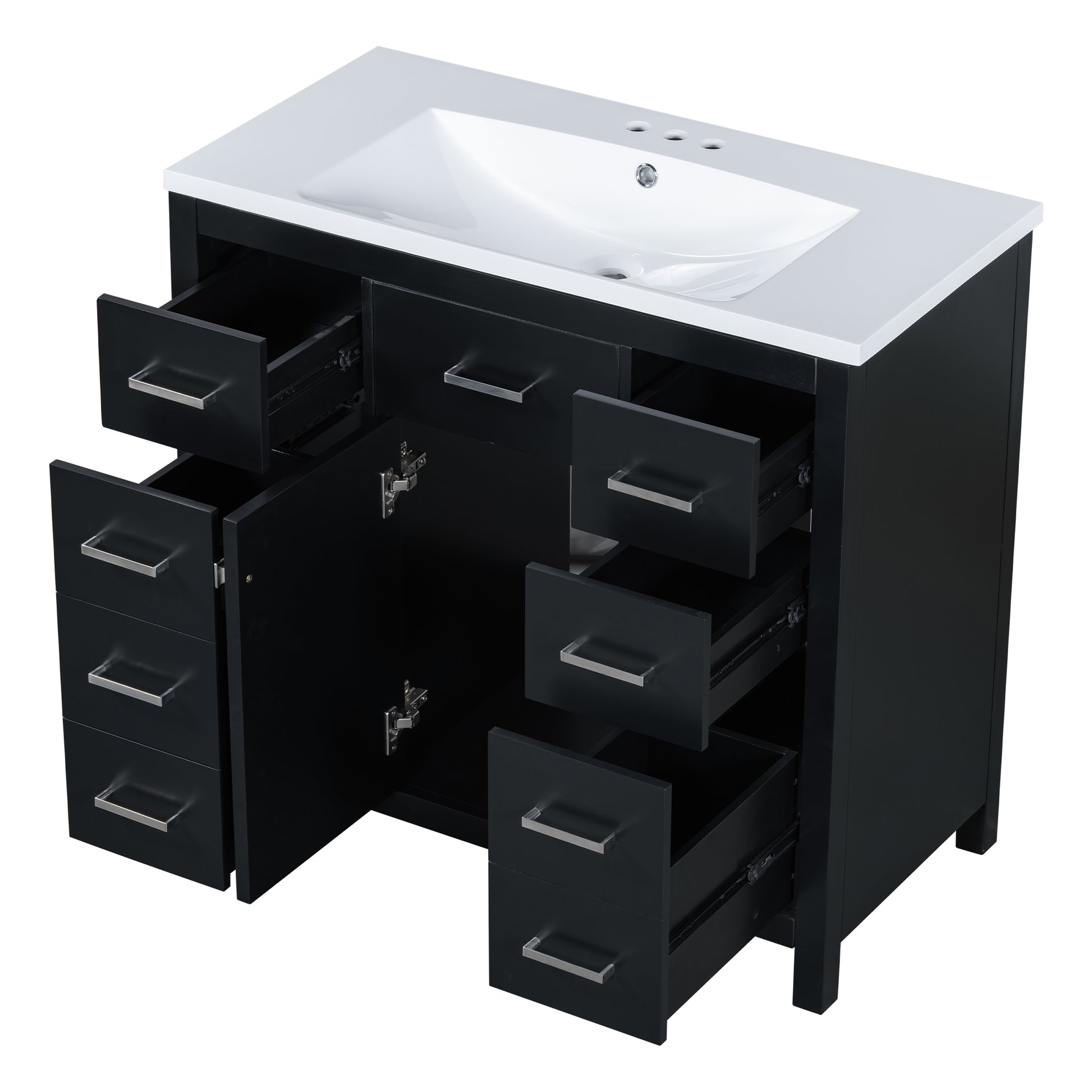 36 Inch Modern Bathroom Vanity Cabinet With Multifunctional Storage Space 5 Drawers And 1 Door Black Bathroom Solid Wood Mdf Resin