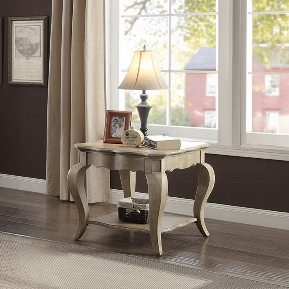 Antique Taupe End Table With Bottom Shelf Taupe Gold Primary Living Space Shelves Rectangular Solid Wood