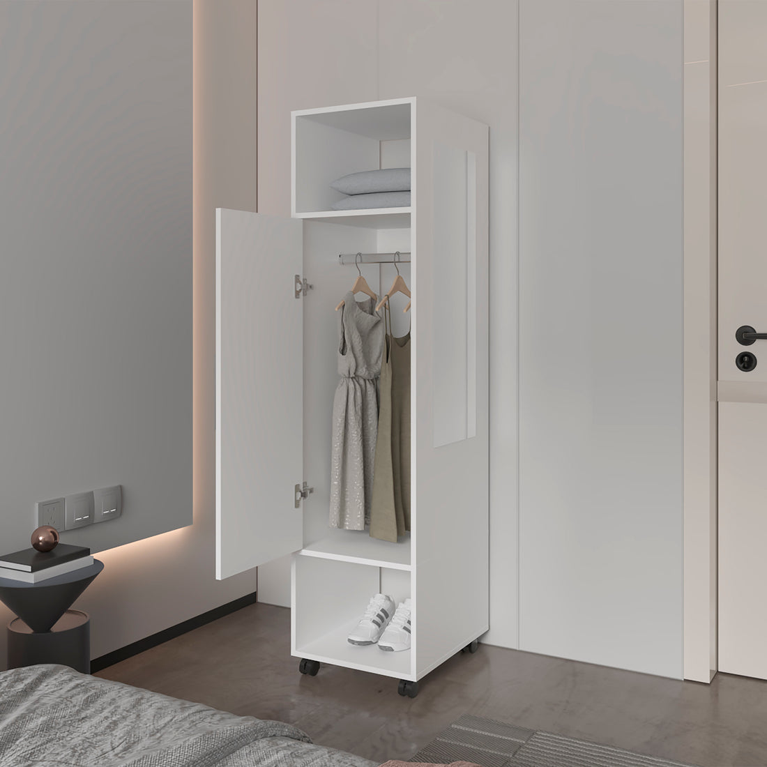 Summit Wardrobe In Melamine With Mirror,Door And Open Storage White Bedroom Contemporary,Modern Particle Board Melamine