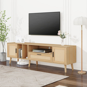 Rattan Tv Stand With 2 Cabinets & 2 Open Shelves, Rattan Inspired Media Console Table For Tvs Up To 80'', Entertainment Center With Solid Wood Legs, Tv Cabinet For Living Room, Bedroom, Home Theatre Natural Wood Primary Living Space 60 69 Inches 60 69