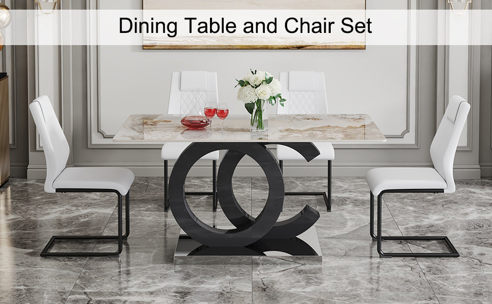 Table And Chair Set.63"X31.5" Marble Pattern Sintered Stone Table With Mdf Oc Shaped Bracket.Paired With 4 White Pu Chairs With Black Metal Legs.Suitable For Kitchen,Dining Room,Etc. White Black