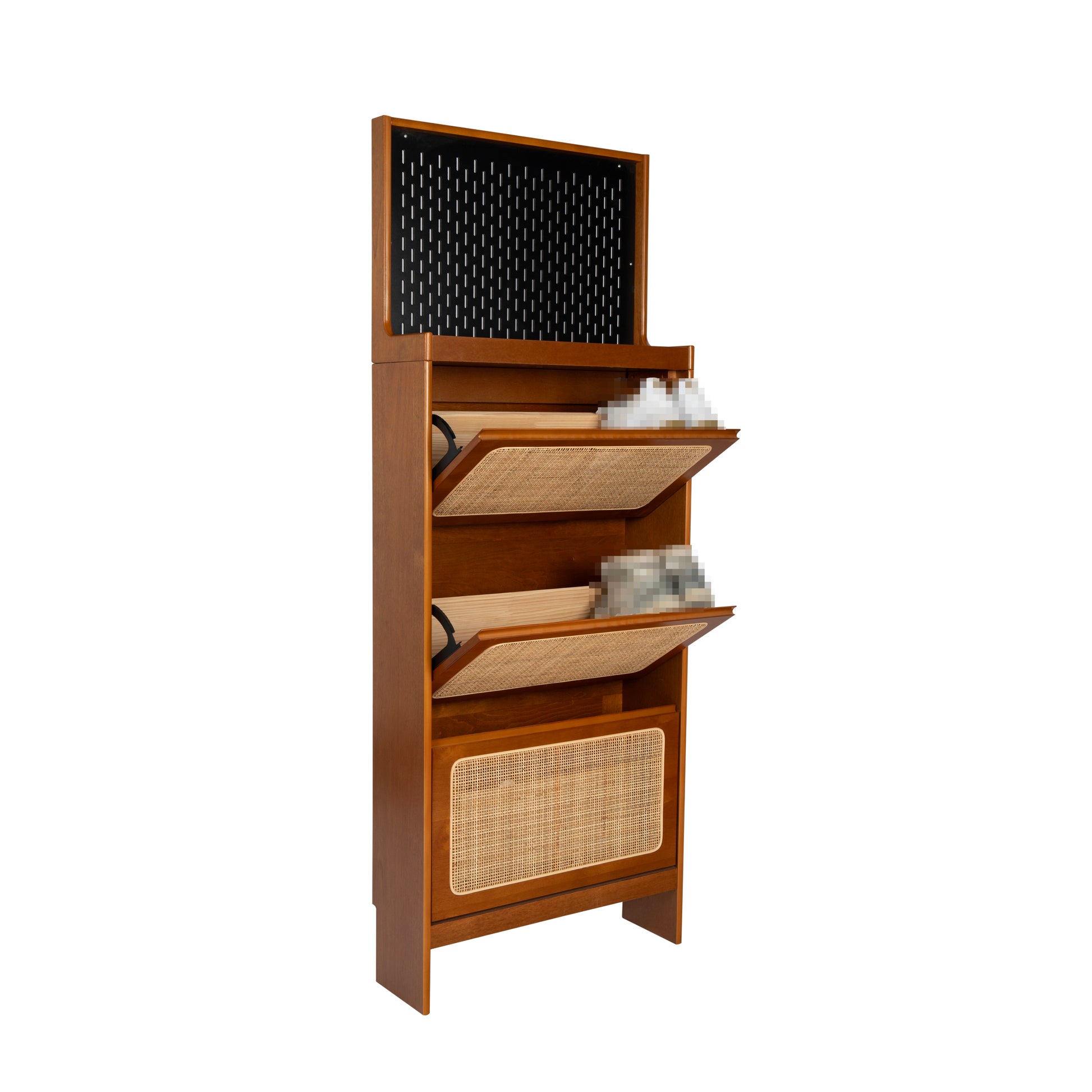 Rattan Shoe Cabinet For Entryway, Free Standing Shoe Rack With 3 Flip Drawers & Black Pegboard, Hidden Narrow Shoe Cabinet For Entrance Hallway, 24.88"W X 7.88" D X 65"H Walnut Mdf