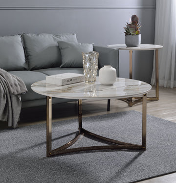 Aziz Coffee Table, Sintered Stone Top & Champagne Finish Lv02825 White Marble Metal