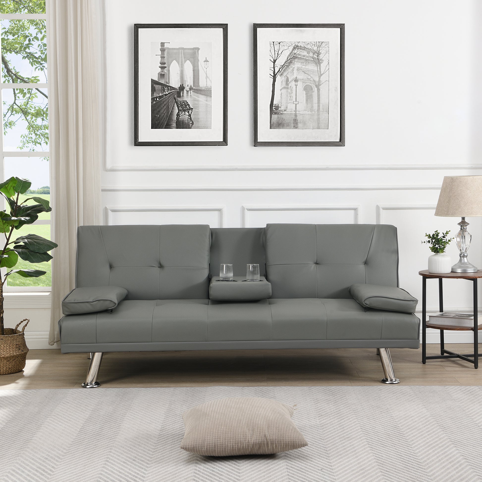 Sofa Bed With Armrest Two Holders Wood Frame, Stainless Leg, Futon Grey Pvc Grey Leather 2 Seat
