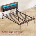 Full Size Metal Platform Bed Frame With Adjustable Upholstered Headboard, Charging Station, Led Lights, Noiseless, Black And Brown Box Spring Not Required Full Antique Brown Bedroom Metal
