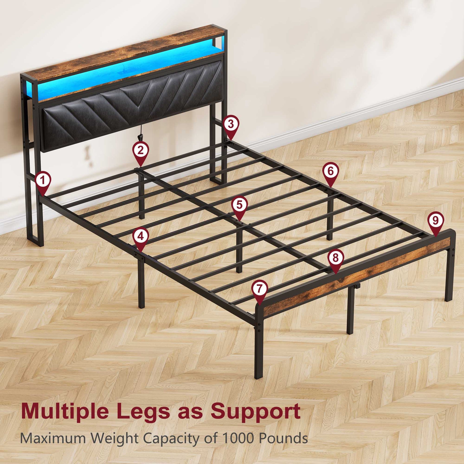 Full Size Metal Platform Bed Frame With Adjustable Upholstered Headboard, Charging Station, Led Lights, Noiseless, Black And Brown Box Spring Not Required Full Antique Brown Bedroom Metal