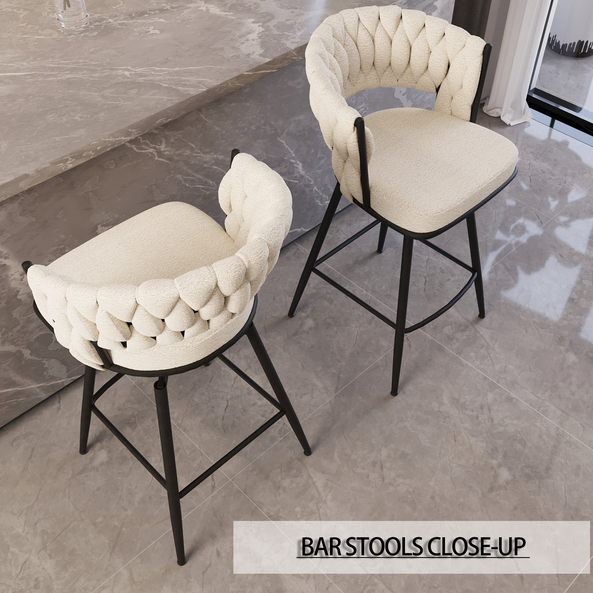 Bar Chair Toweling Woven Bar Stool Set Of 2, Black Legs Barstools No Adjustable Kitchen Island Chairs,360 Swivel Bar Stools Upholstered Counter Stool Arm Chairs With Back Footrest, White White Foam Linen