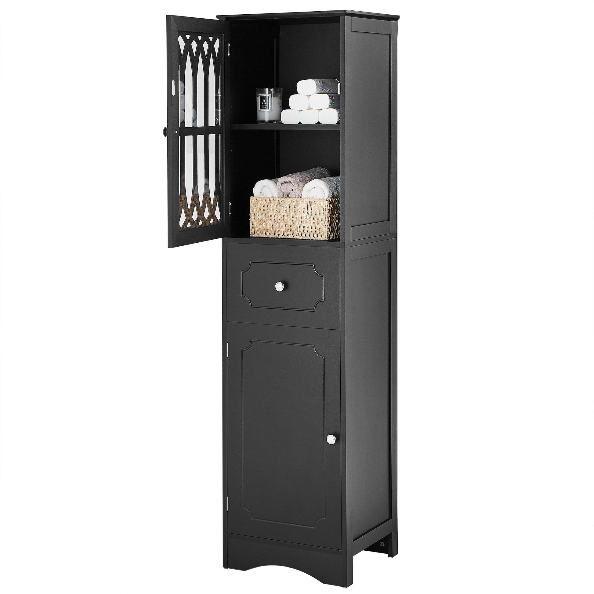 Tall Bathroom Cabinet, Freestanding Storage Cabinet With Drawer And Doors, Mdf Board, Acrylic Door, Adjustable Shelf, Black Black Mdf