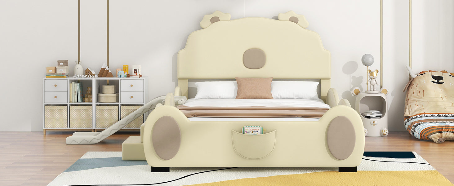 Full Size Upholstered Platform Bed With Piglet Shape Headboard And Children'S Slide, Beige Box Spring Not Required Full Beige Wood Bedroom Bed Frame Faux Leather Upholstered