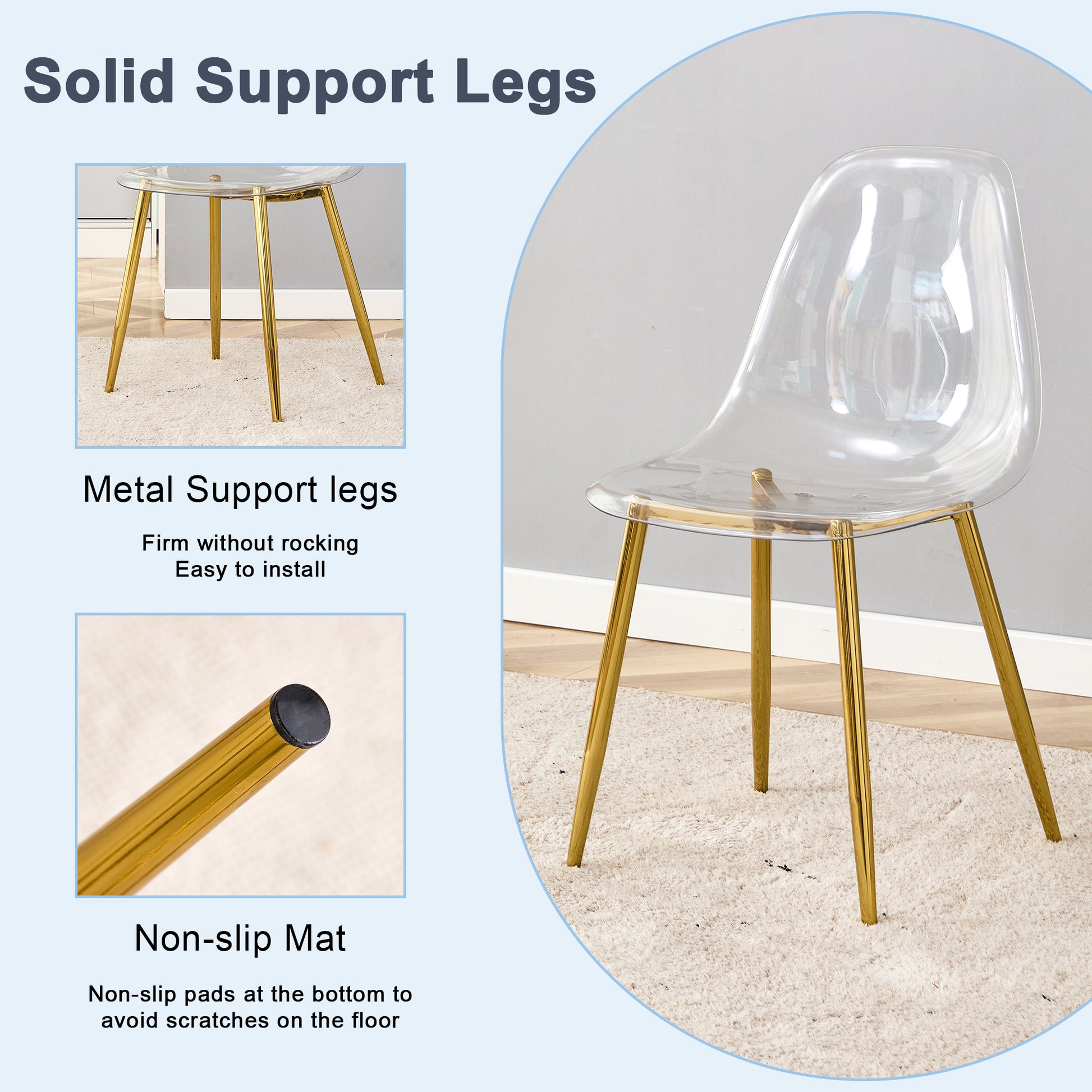 A Modern Minimalist Style Round Transparent Tempered Glass Table With Gold Metal Legs, Paired With 6 Modern Style Transparent Dining Chairs For A Luxurious Experience. Transparent Seats 6 Glass