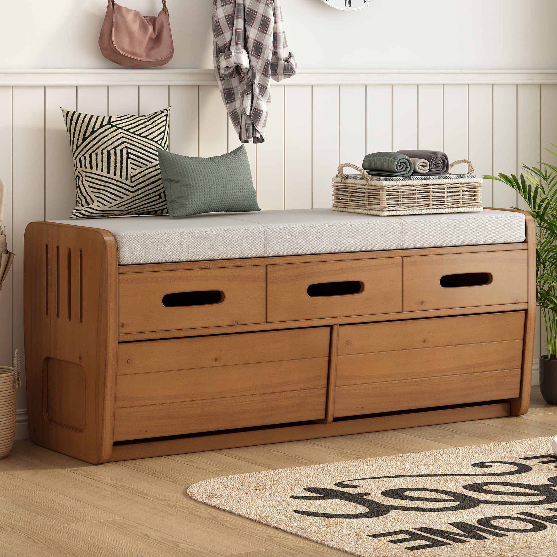 Rustic Storage Bench With 2 Drawers, Hidden Storage Space, And 3 False Drawers At The Top, Shoe Bench For Living Room, Entryway Natural Wood Natural Wood Mdf Acacia