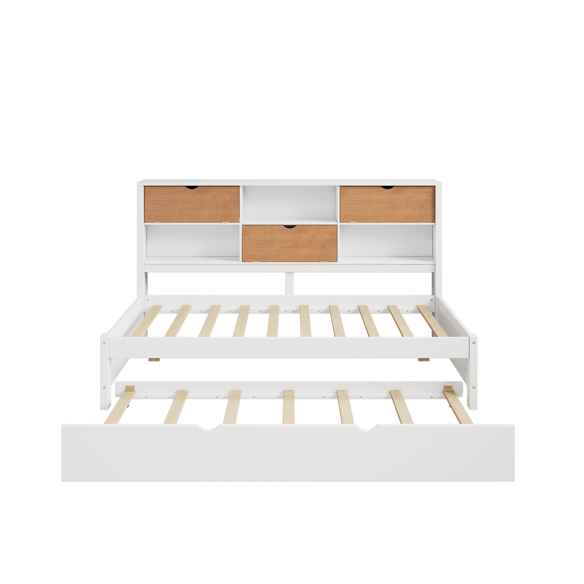 Twin Size Wooden Captain Bed Daybed With Trundle And Bookcase For Small Room,Bedroom, Guest Room, No Box Spring Needed, Walnut And White Box Spring Not Required Twin White Walnut Wood Bedroom Modern Pine Bed Frame Wood