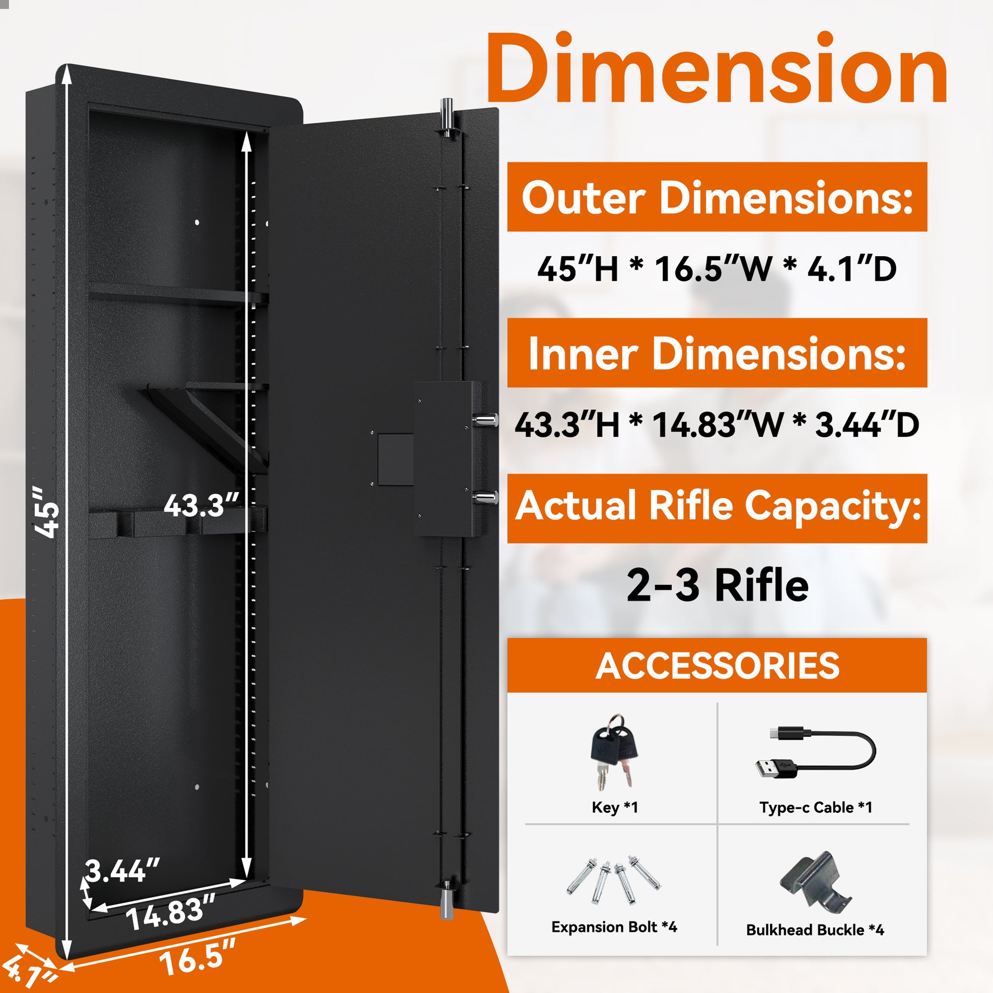 Wall Safe, Safes For Home, Safes & Cabinets, Wall Safes Between The Studs, Quick Access Rifle Safe With Removable Shelf And Digital Keypad Black Black And Silver Steel