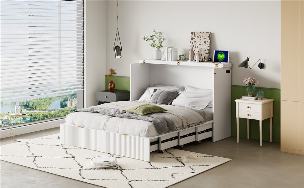 Full Size Murphy Bed With Drawer And A Set Of Sockets & Usb Ports, Pulley Structure Design, White Full White Plywood