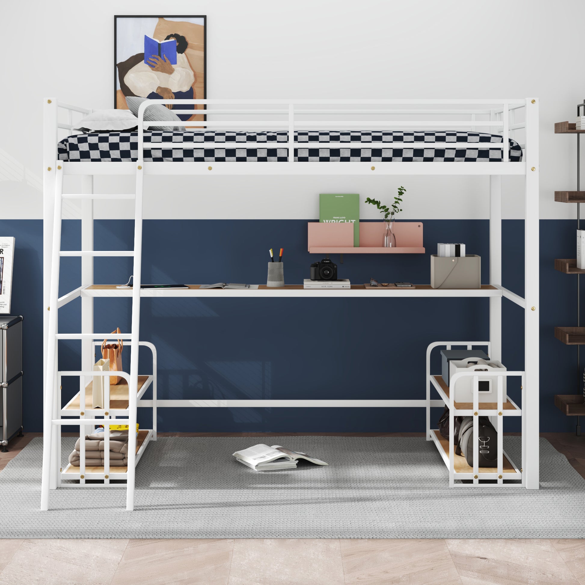 Twin Size Metal Loft Bed With Desk, Storage Shelves And Charging Station, White Box Spring Not Required Twin White Metal Mdf Metal
