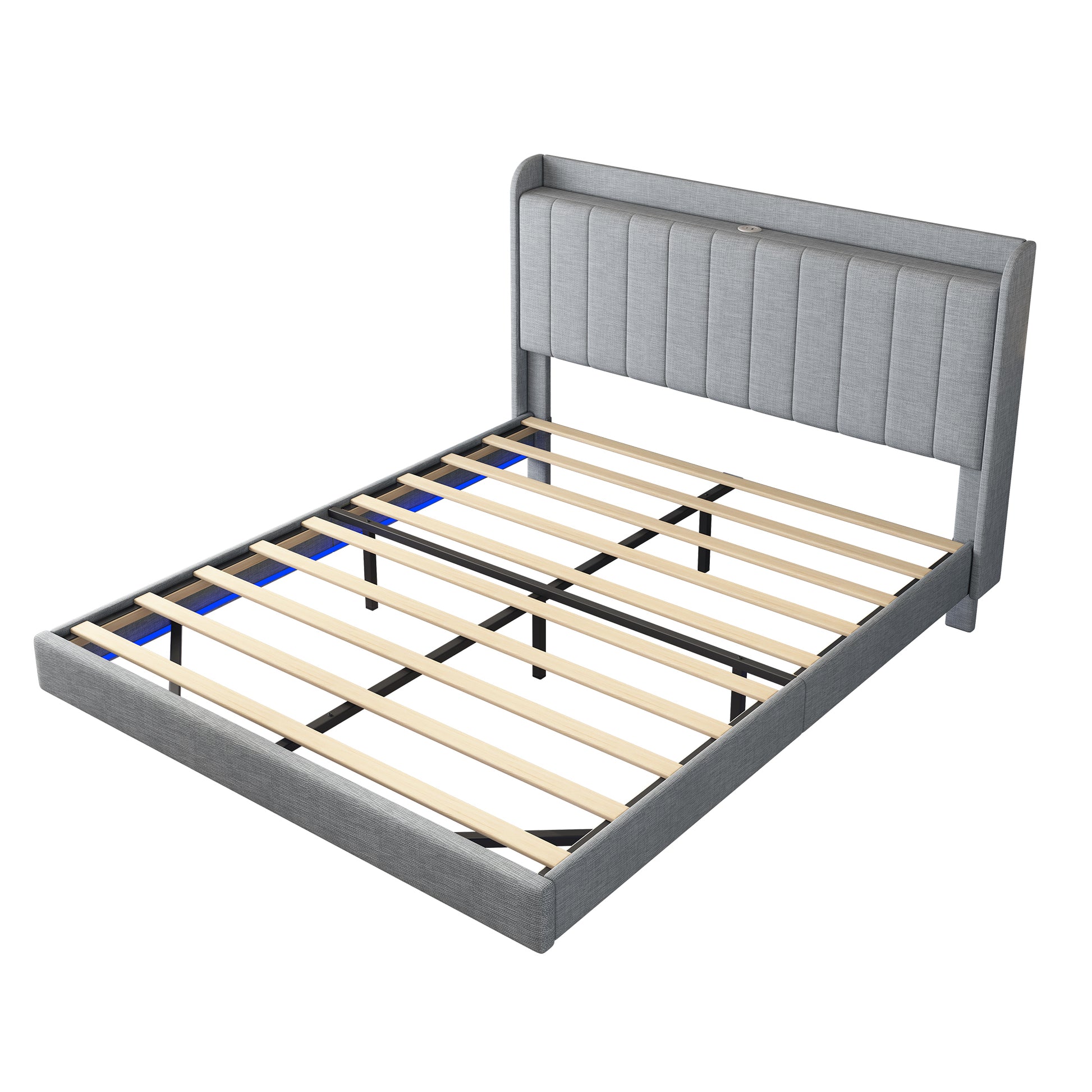Queen Size Floating Bed Frame,With Remote Control Led Lights With Appwood Platform Light Grey Queen Light Grey Fabric Metal