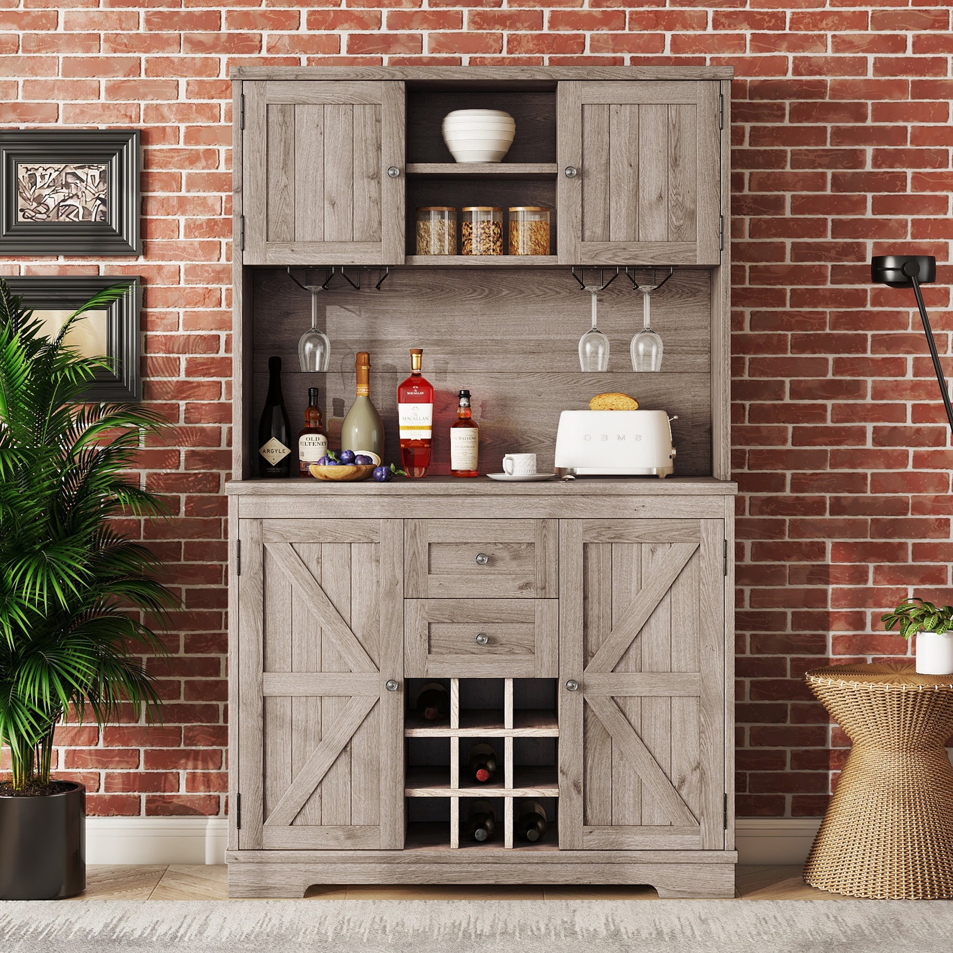 Coffee Bar Cabinet Kitchen Cabinet With Storage, Farmhouse Wine Cabinet With Drawers Shelves And Cabinets, Buffet Cabinet Wine & Glass Racks For Dining Room, Kitchen, Oak Brown Oak Particle Board Mdf