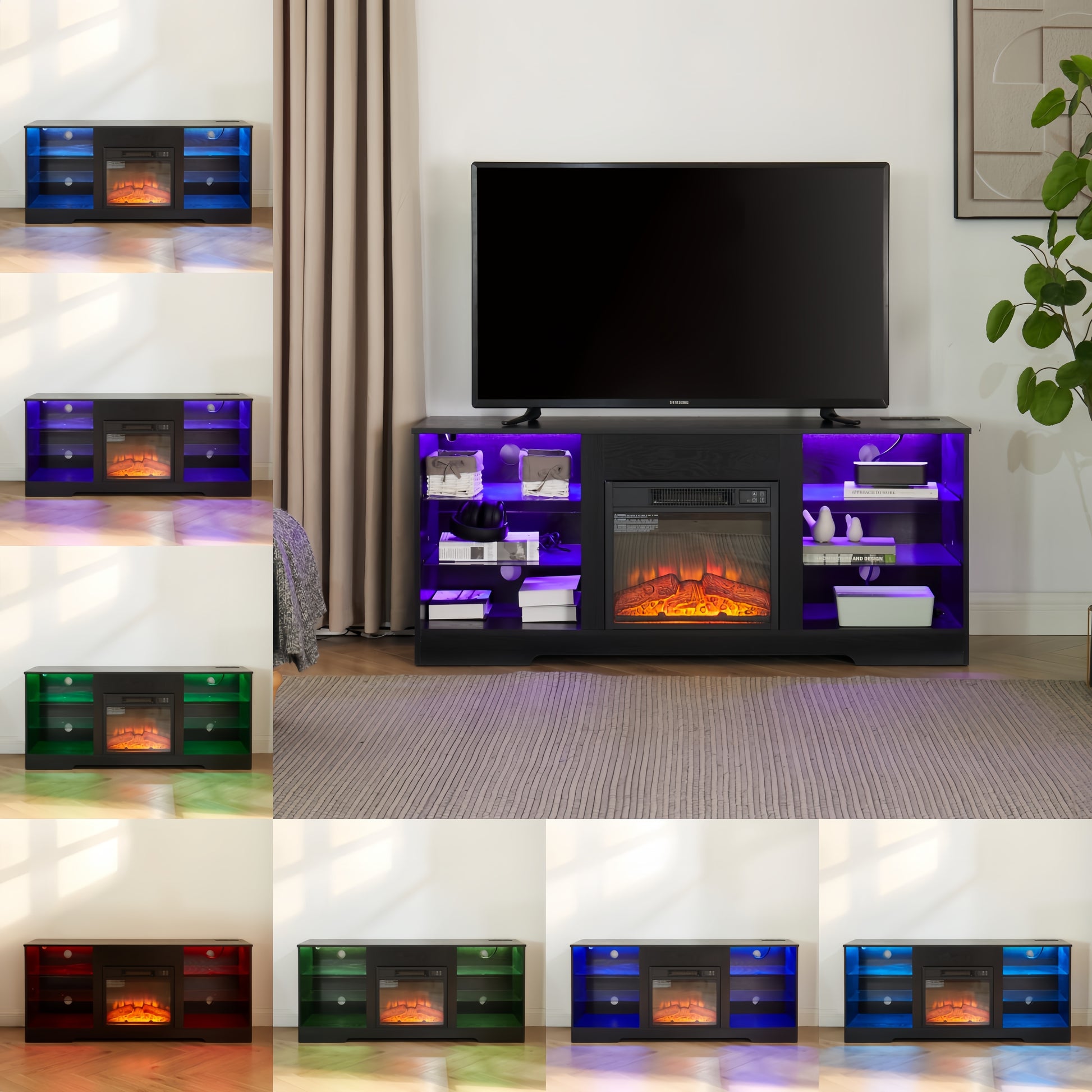 Tv Stand Electric Fireplace Glass Shelves, 3D Fireplace Tv Stand With Led Lights Wood With Usb Charging Outlet Modern Television Table Center For Tv Up To 62" Black 58''W*15.5''D*24.4 Black 50 59