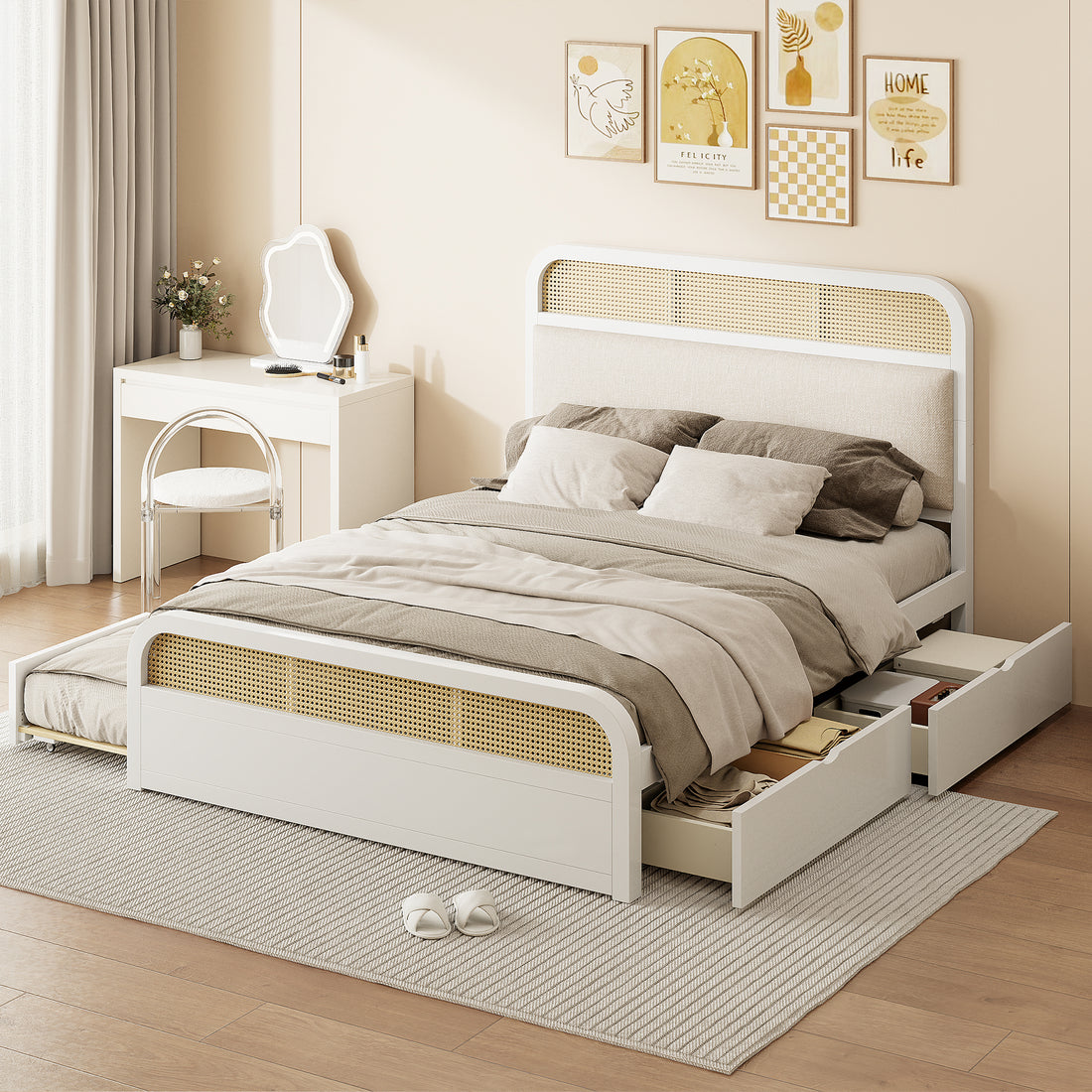 Queen Size Wooden Platform Bed With Trundle And 2 Drawers,White Queen White Solid Wood Mdf