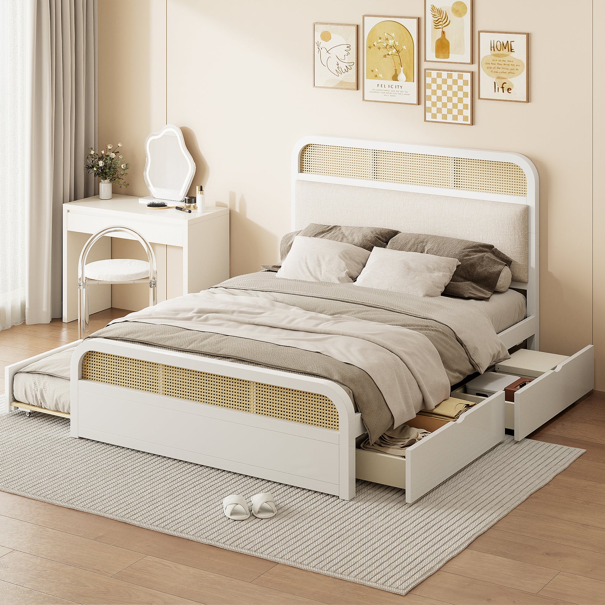 Queen Size Wooden Platform Bed With Trundle And 2 Drawers,White Queen White Solid Wood Mdf