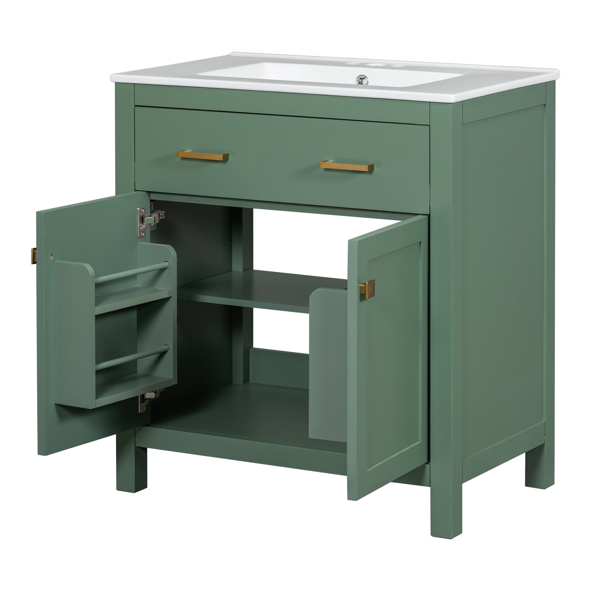 30 Inch Bathroom Vanity With Ceramic Sink, Modern Green Single Bathroom Cabinet With 2 Doors And A Shelf, Soft Close Doors Green Bathroom Solid Wood Mdf