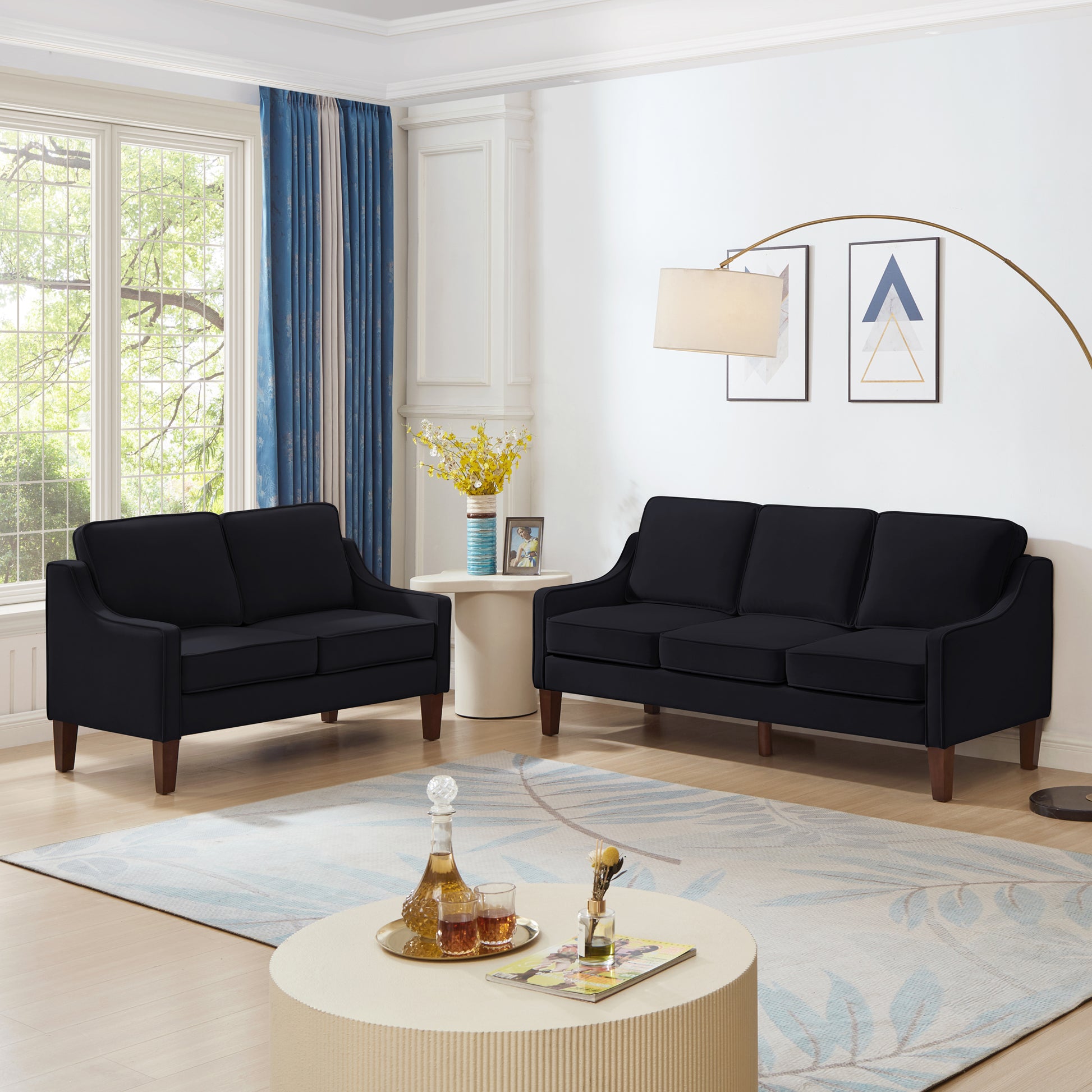Modern 3 Person Seat Sofa Couch With Scooped Armrest Wood Legs,Upholstered Velvet 3 Seat Sofa With Removable Cushions For Livingroom Bedroom,Black Black Espresso Velvet Wood Primary Living Space Medium Soft Cushion Back American Design Rubberwood Square