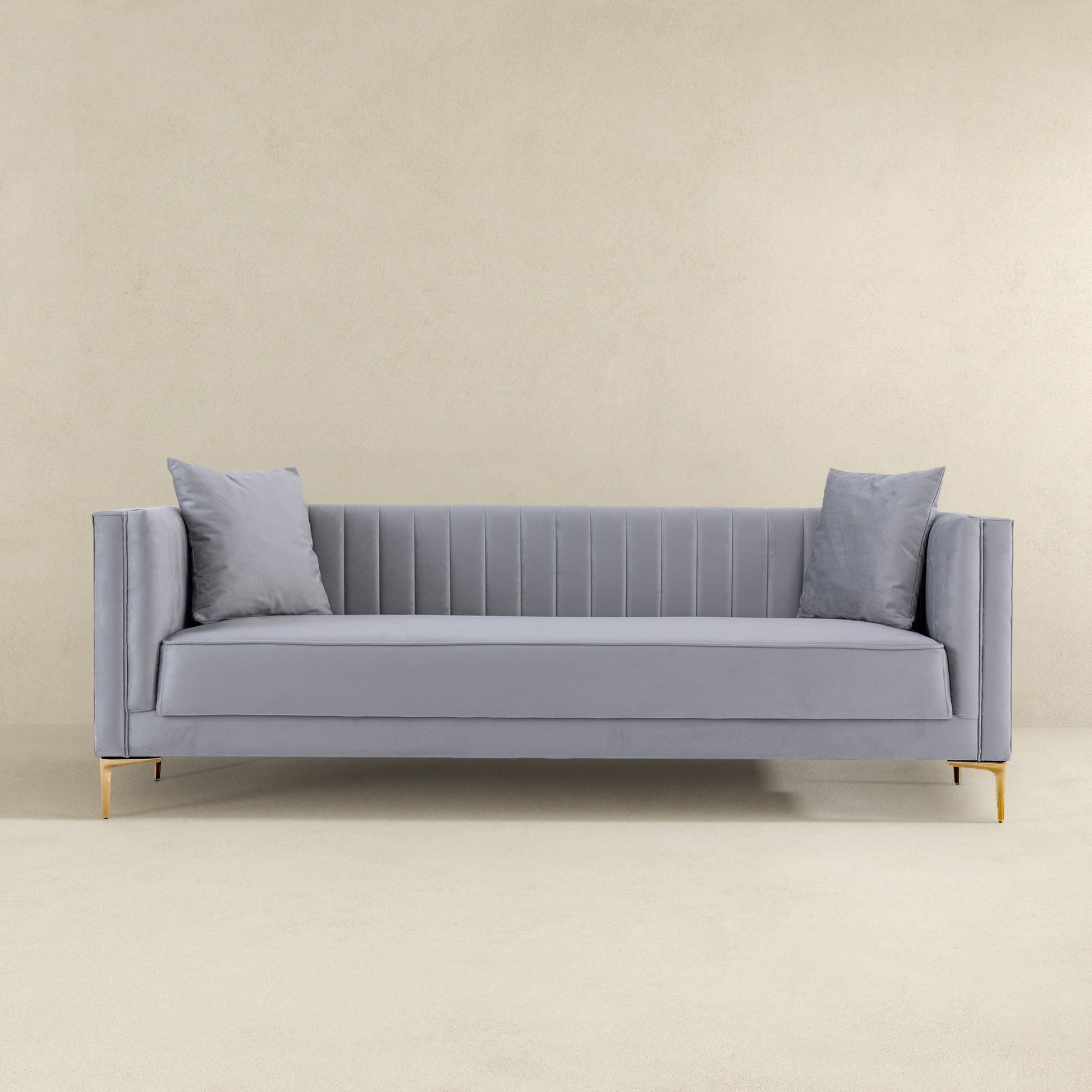 Angelina Sofa 91" Light Grey Velvet Gold,Gray,Light Gray Velvet Wood Primary Living Space Medium Firm Tufted Back Mid Century Modern Foam Metal,Velvet 4 Seat