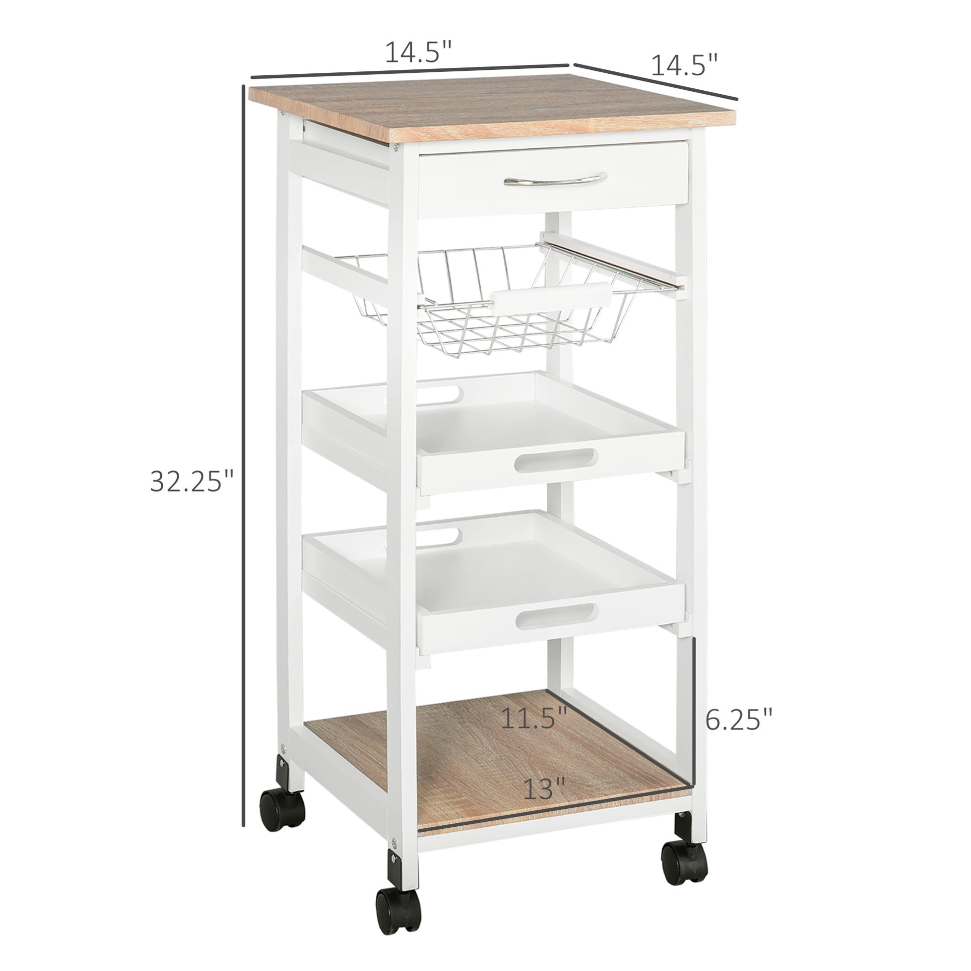 Homcom Mobile Kitchen Cart, Rolling Kitchen Island With Storage, Solid Wood Frame Utility Cart With Wire Fruit Baskets, Trays And Drawer, White White Mdf