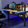 Single Metal Loft Bed With Rectangular Desk, Led Lights, Led Loft Bed Frame Double Bed With Storage Shelves And Hanging Storage Compartments, Safety Guard And Ladder, No Box Springs Required, Rattan G Full Black Natural Mdf Iron