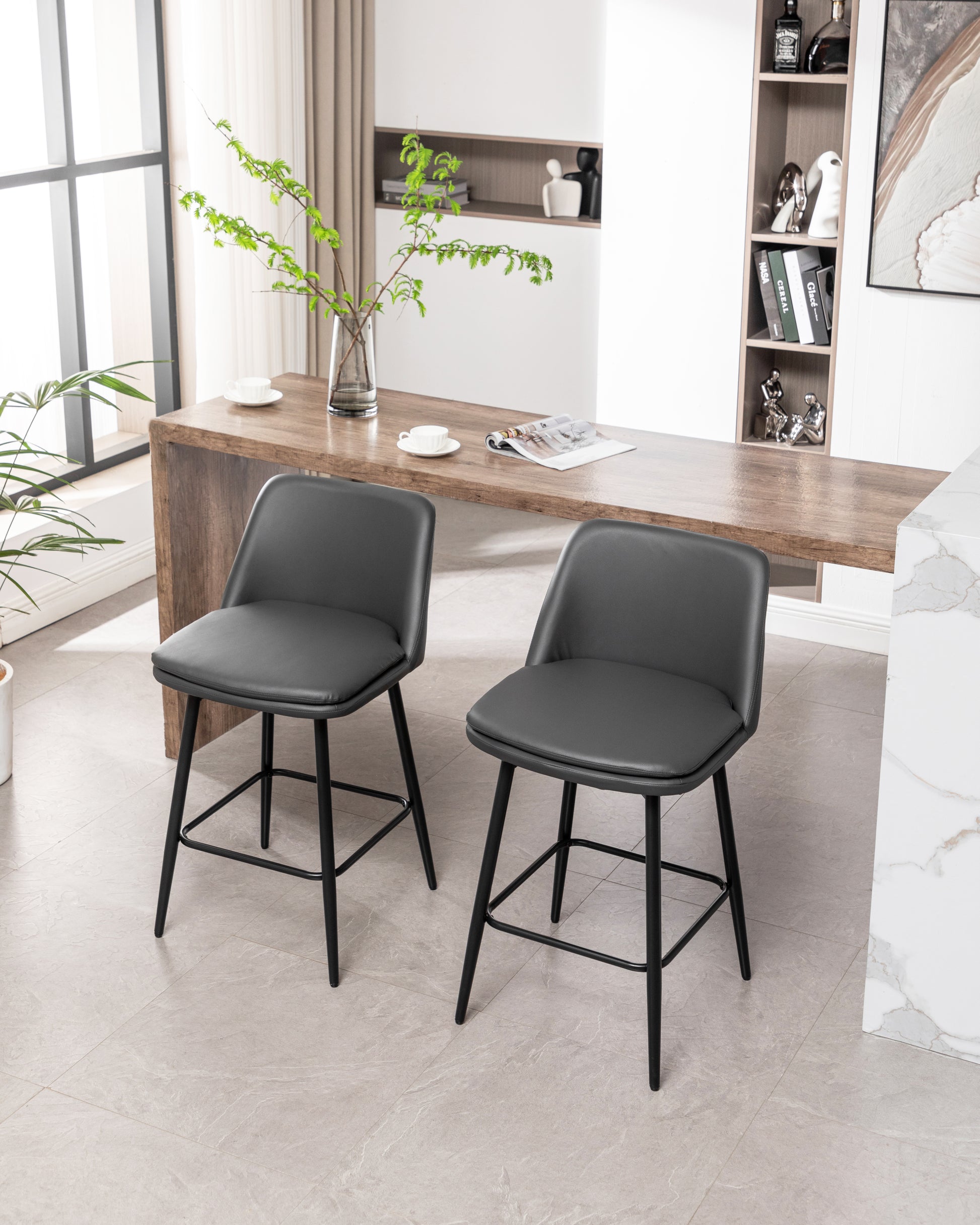 Counter Height Swivel Bar Stools Set Of 2, 360 Swivel Upholstered Barstools With Back And Metal Legs, 25.6" Seat Height,Counter Stools For Kitchen Island And Pub,Faux Leather,Grey Dark Grey Set Of 2