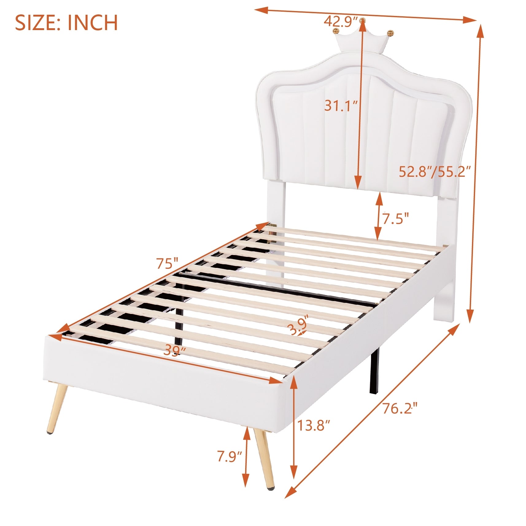 Twin Size Upholstered Bed Frame With Led Lights, Modern Upholstered Princess Bed With Crown Headboard,White Twin White Pu