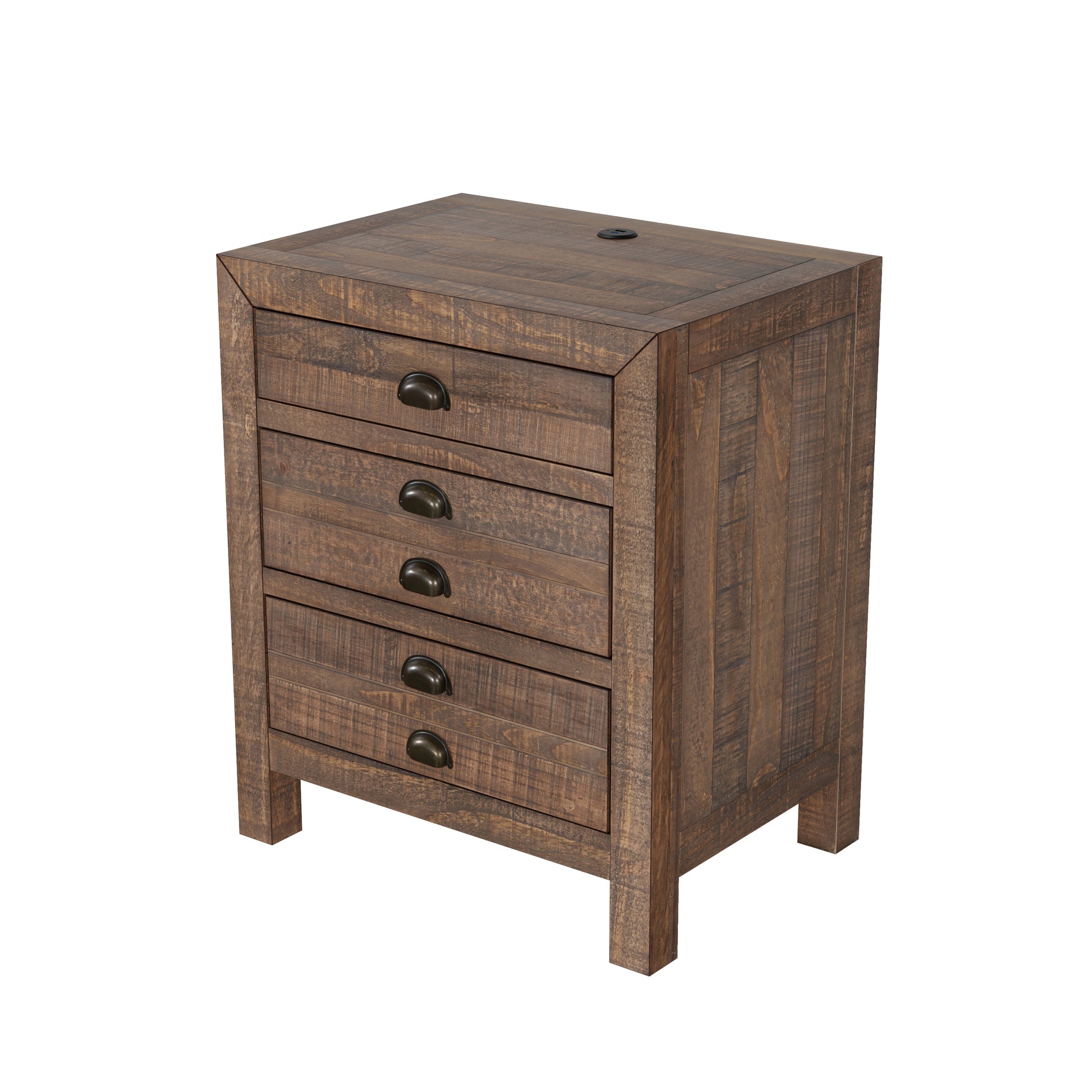 Rustic Farmhouse Style Three Drawer Solid Pine Wood Nightstand With Cup Pulls And Integrated Charge Station Brown 3 Drawers Bedroom Pine Pine,Plywood