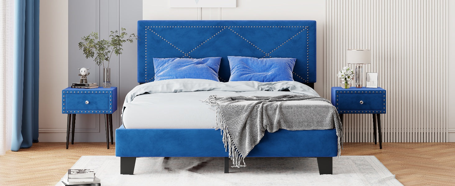 Simple Queen Size Upholstered Bed Frame With Rivet Design, Modern Velvet Platform Bed With Headboard, Blue Queen Blue Bedroom Bed Frame Velvet Solid Wood Mdf