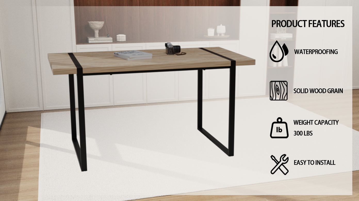 59 "Rural Industrial Rectangular Mdf Light Wood Dining Table, 4 6 People, 1.5" Thick Engineering Wood Tabletop And Black Rectangular Metal Legs, Used For Desks, Kitchens, Terraces, Restaurants Natural Wood Kitchen Mdf