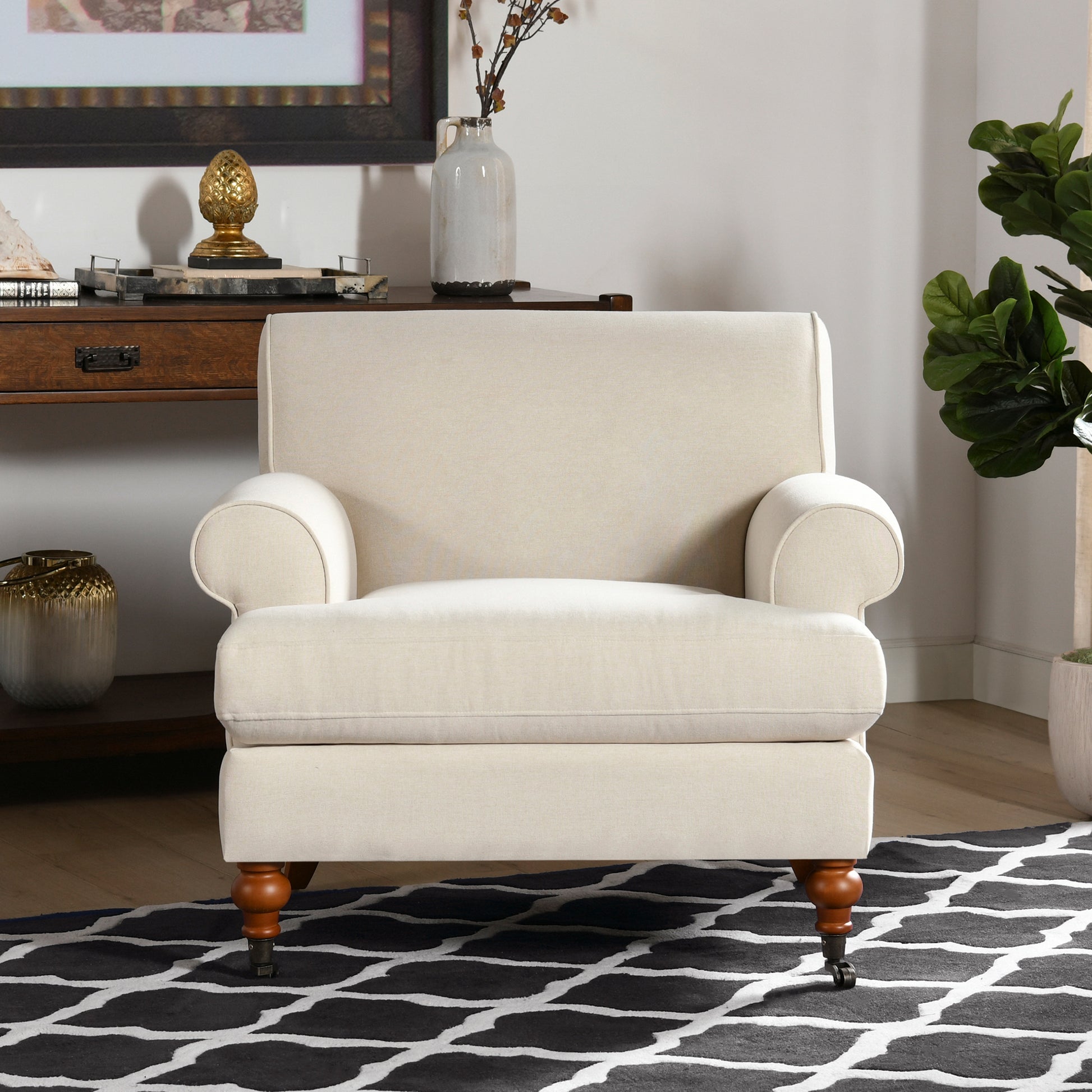 Alana 38" Lawson Accent Arm Chair Metal Casters, Sky Neutral Beige Polyester Beige Foam Polyester