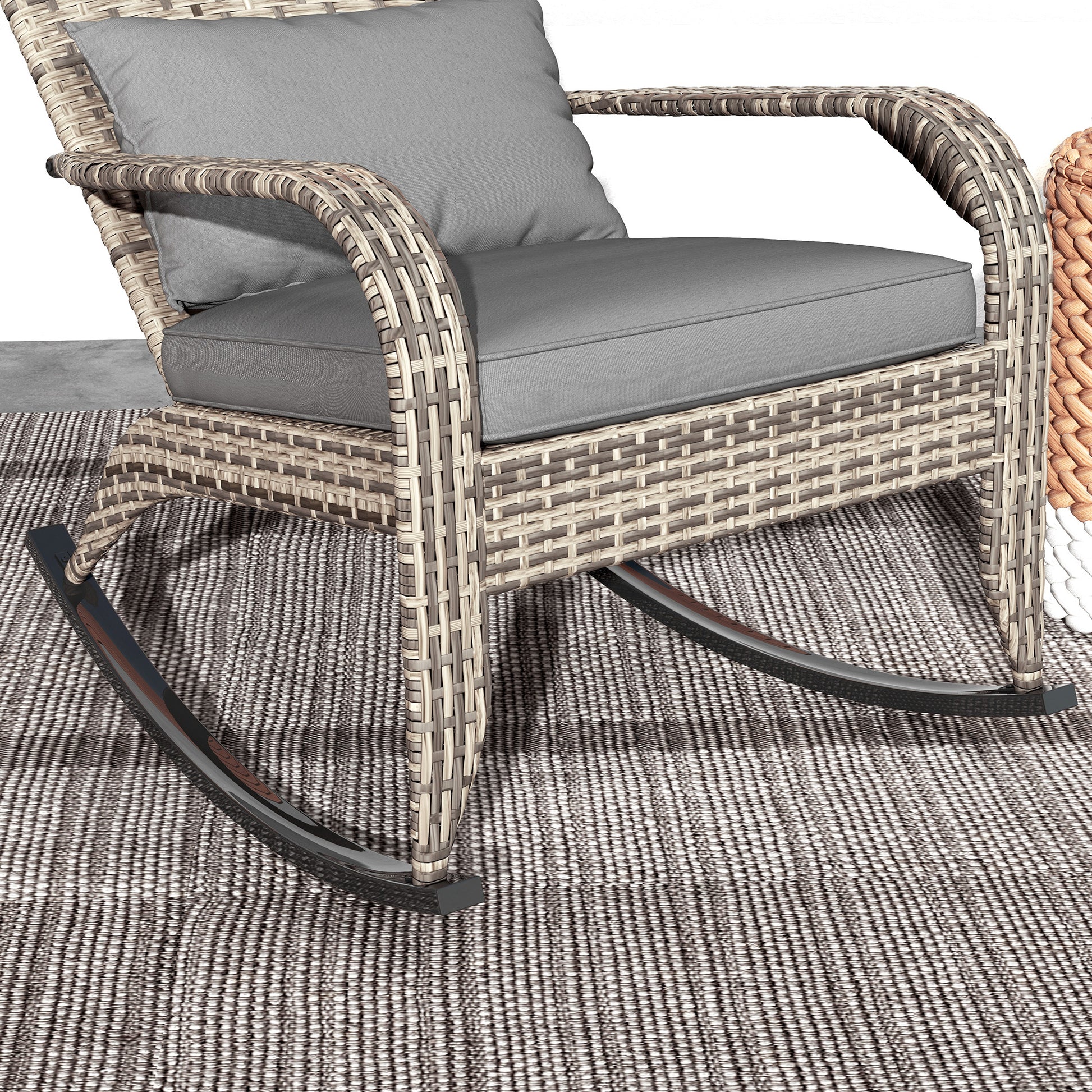 Outsunny Outdoor Wicker Adirondack Rocking Chair, Patio Rattan Rocker Chair With High Back, Seat Cushion, And Pillow For Garden, Porch, Balcony, Gray Gray Rattan