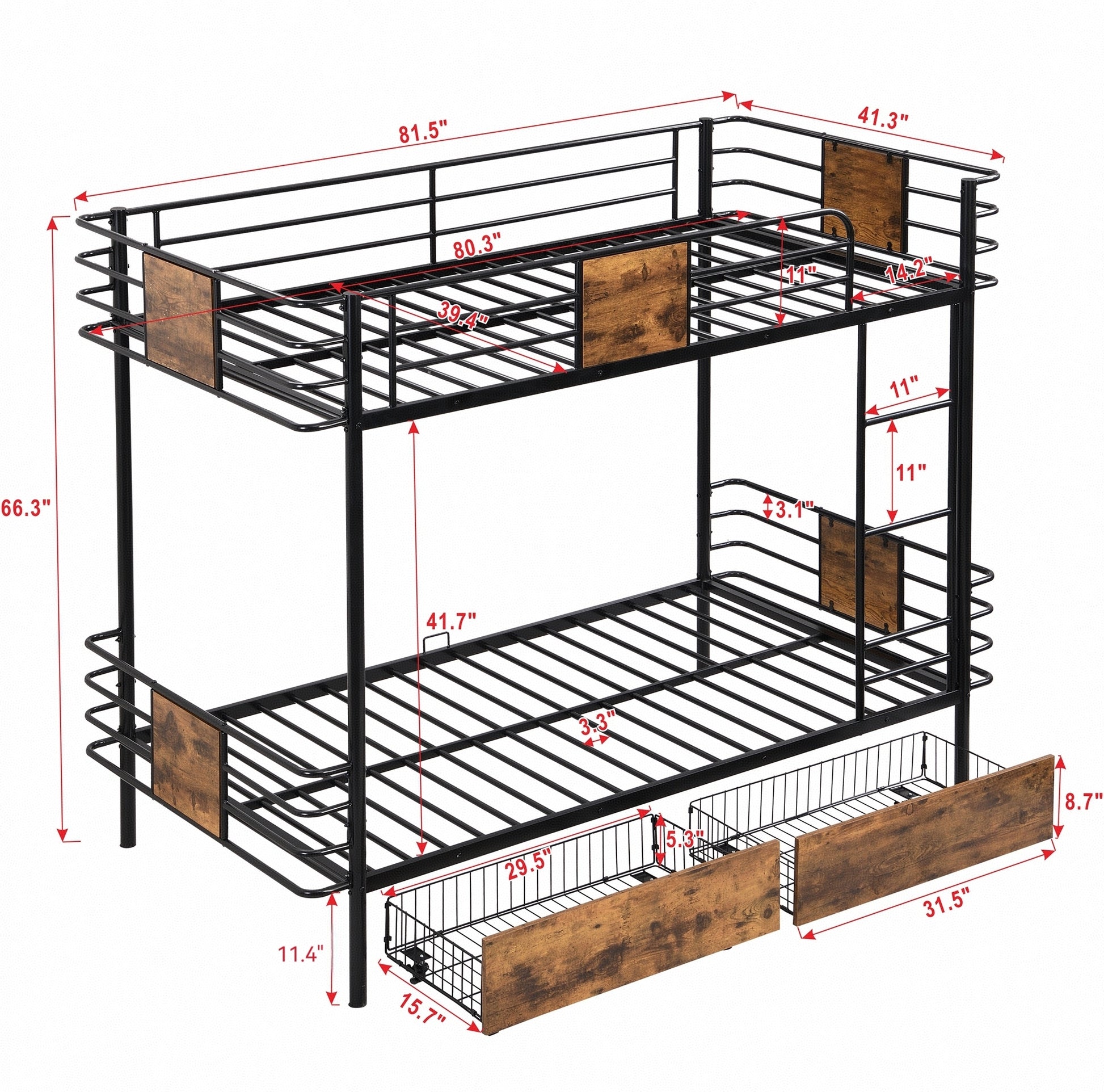 Twin Xl Over Twin Xl Metal Bunk Bed With Mdf Board Guardrail And Two Storage Drawers,Black Twin Xl Black Metal