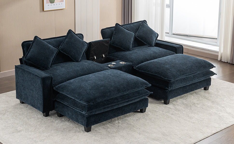 112.6" Sectional Sofa Chenille Upholstered Sofa With Two Removable Ottoman, Two Usb Ports, Two Cup Holders And Large Storage Box For Living Room, Blue Blue Foam Chenille 2 Seat