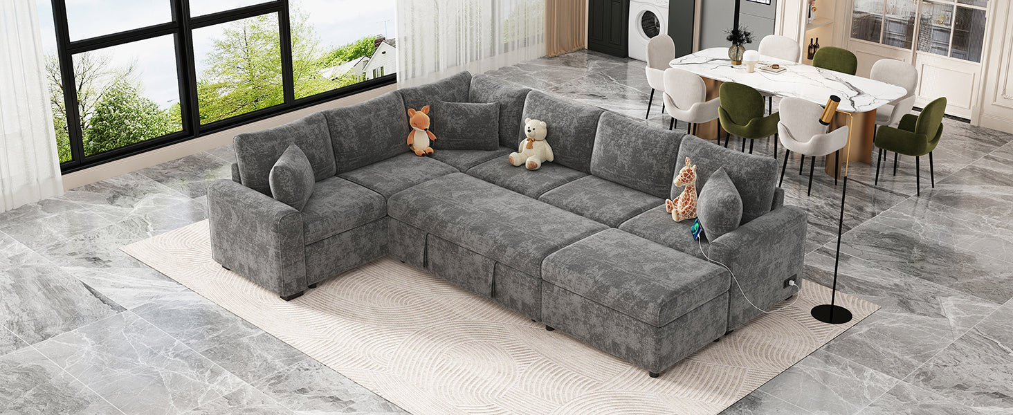 112.2" Sectional Sofa Pull Out Sofa Bed Sleeper With A Storage Ottoman,Three Pillows And Charging Devices For Living Room, Grey Grey Foam Chenille 6 Seat