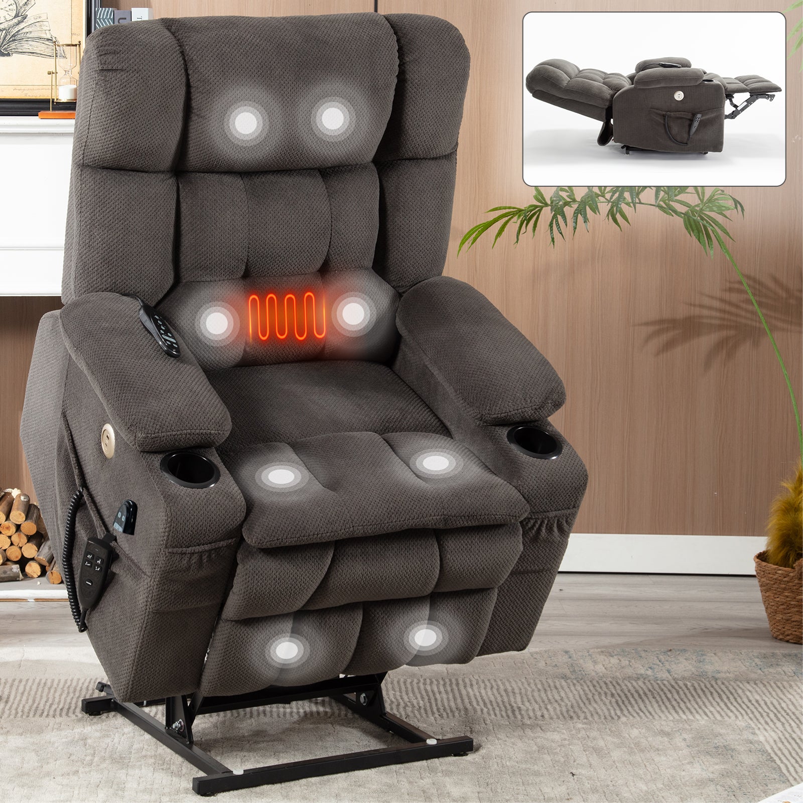 Brown Dual Motor Infinite Position Up To 350 Lbs Chenille Power Lift Recliner Chair, Heavy Duty Motion Mechanism With 8 Point Vibration Massage And Lumbar Heating, Dual Cup Holders White Metal