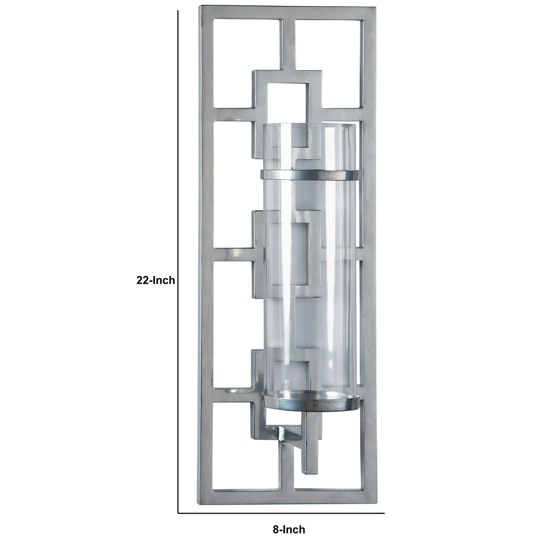 22 Inches Geometric Metal Wall Scone With Glass Hurricane, Silver Silver Glass Metal