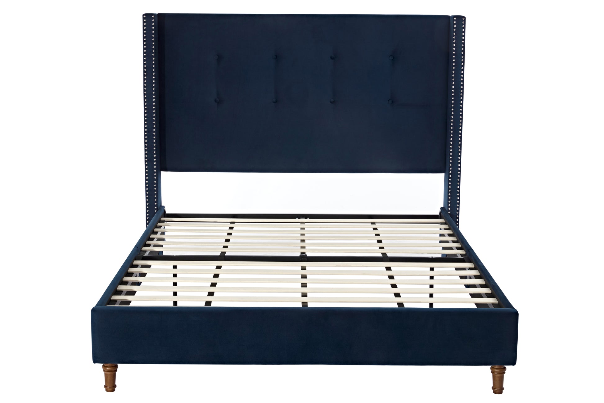 Peyton Upholstered Queen Bed 54" High Headboard Traditional Hand Buttoned Tufting Trim Wingback No Box Spring Needed Easy Assembly Blue Velvet Box Spring Not Required Queen Blue Metal Brown Bedroom Classic,European,Modern,Traditional Oak Bed Frame Foam