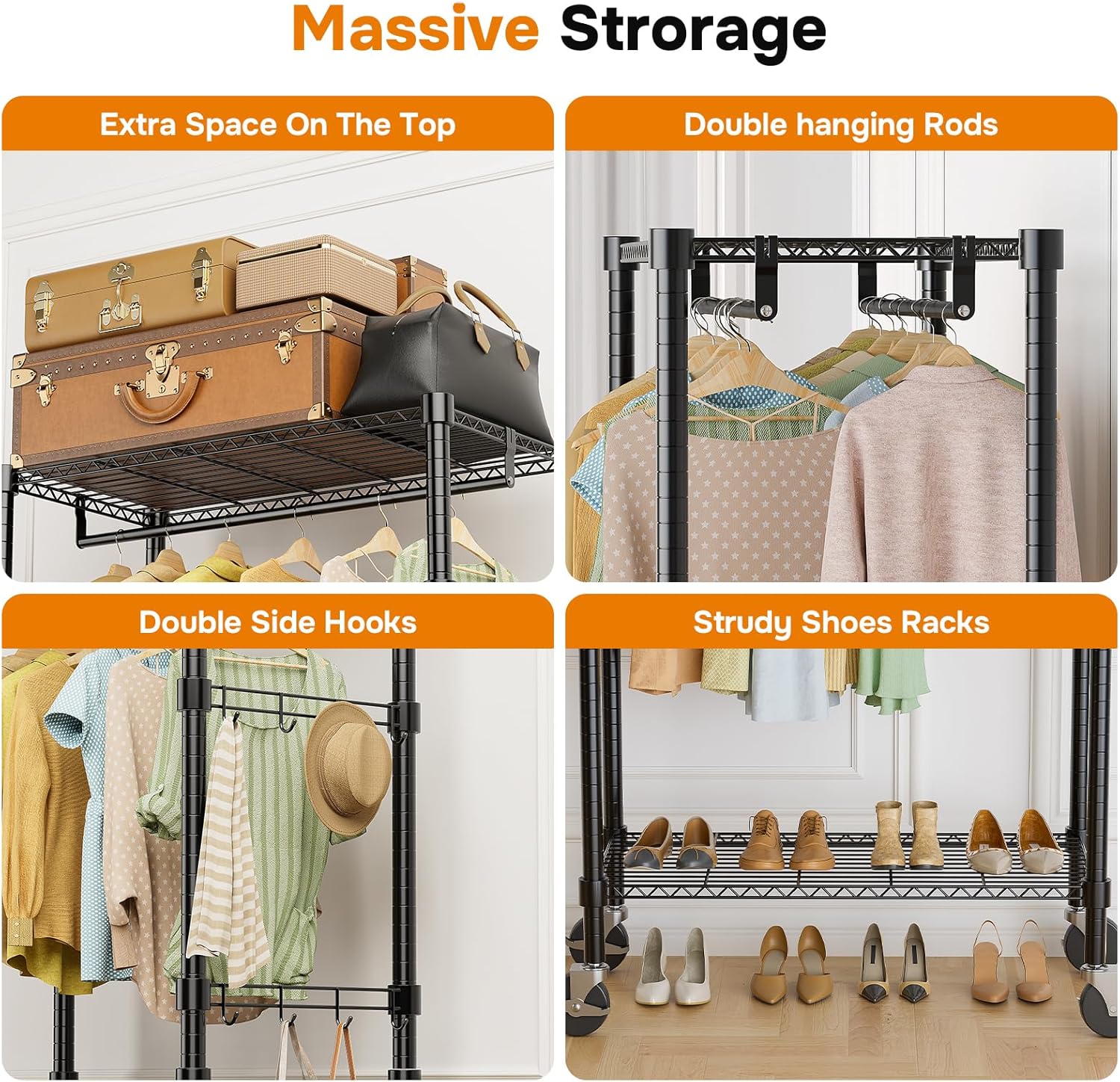 Rolling Clothes Rack, Heavy Duty Clothing Rack, 3 Shelf Portable Adjustable Wardrobe Closet With Wheels, Hanging Rods & Side Hooks, 29.5" W X 15.7" D X 75.6" H, Black Black Steel
