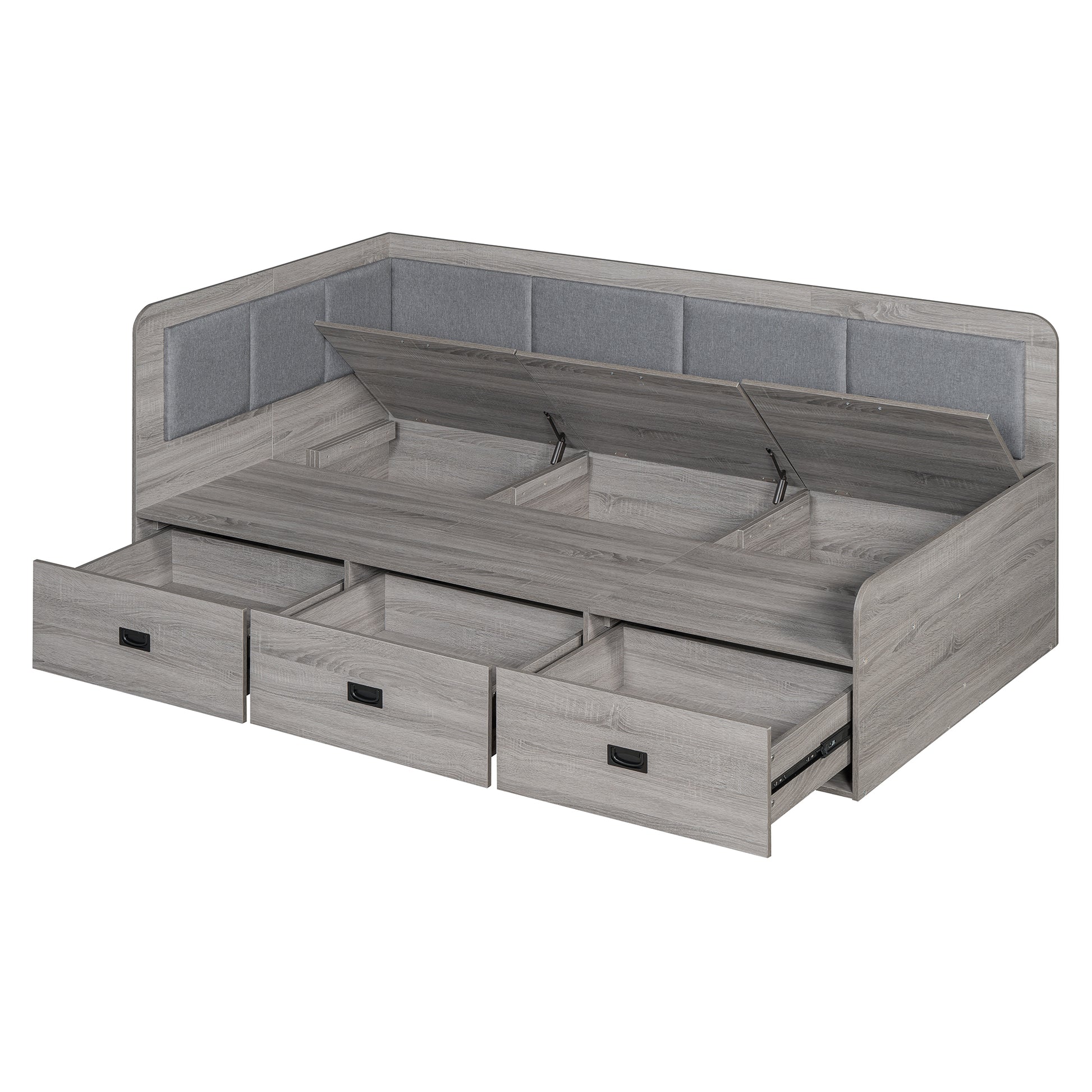 Twin Size Daybed With Three Drawers And Three Storage Compartments, Gray Twin Gray Mdf